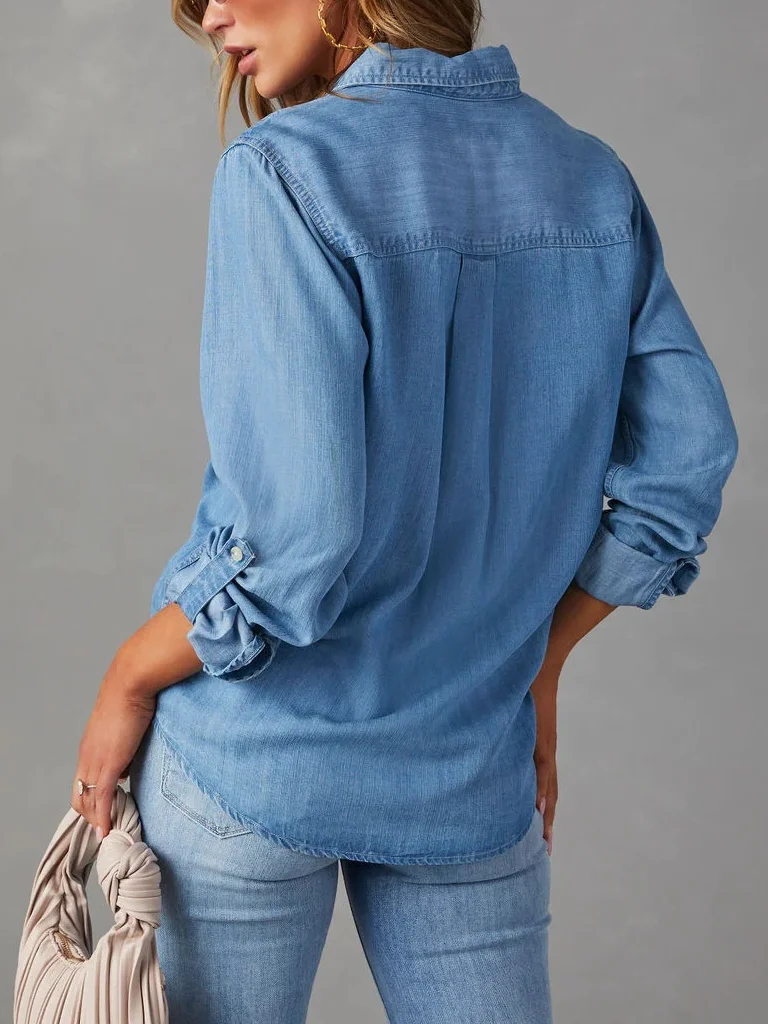 Women's Shirt Spring Collar Denim Long Sleeve Abstract Regular Loose Blouse