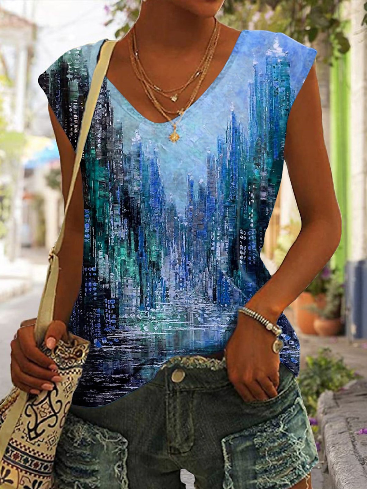 Casual Landscape Print V Neck Cap Sleeve T-shirt