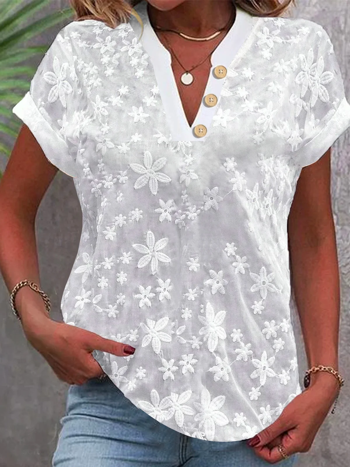 V Neck Short Sleeve Plain Embroidery Regular Loose Shirt For Women