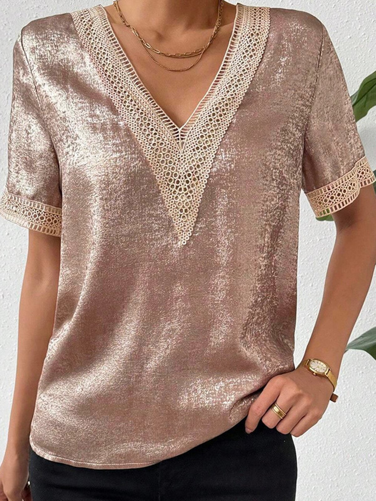 V Neck Short Sleeve Plain Glitter Regular Loose Shirt For Women