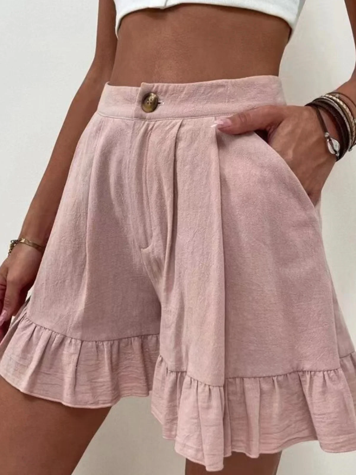 Women Summer Cotton Casual Plain Natural Ruffled Shorts