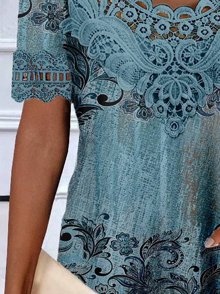 Casual Ethnic Lace Collar Short Sleeve T-shirt