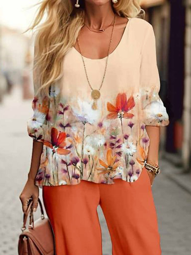 Women Floral Crew Neck Half Sleeve Comfy Casual Top With Pants Two-Piece Set