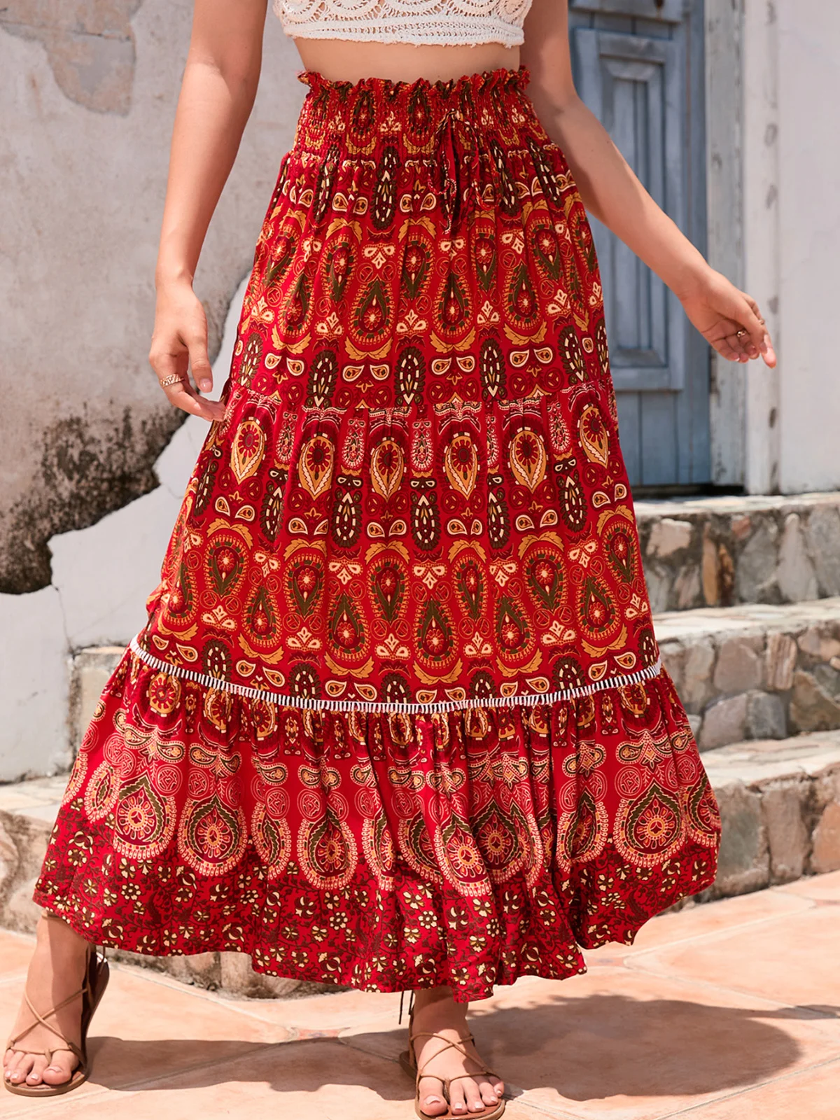 Casual Ethnic Geometry A-Line Natural Maxi Skirt
