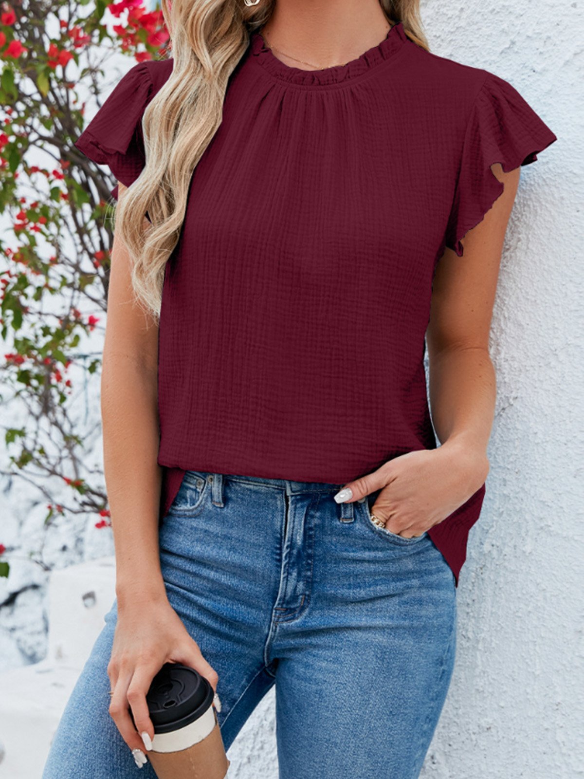 Lace Collar Short Sleeve Plain Regular Micro-Elasticity Loose Shirt For Women