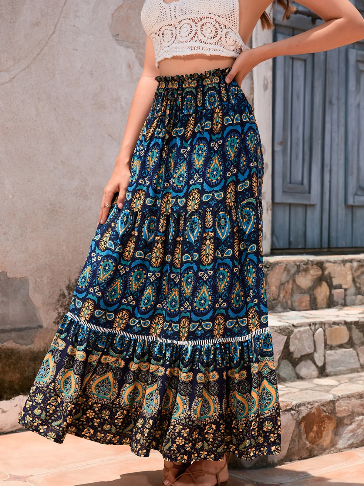 Casual Ethnic Geometry A-Line Natural Maxi Skirt