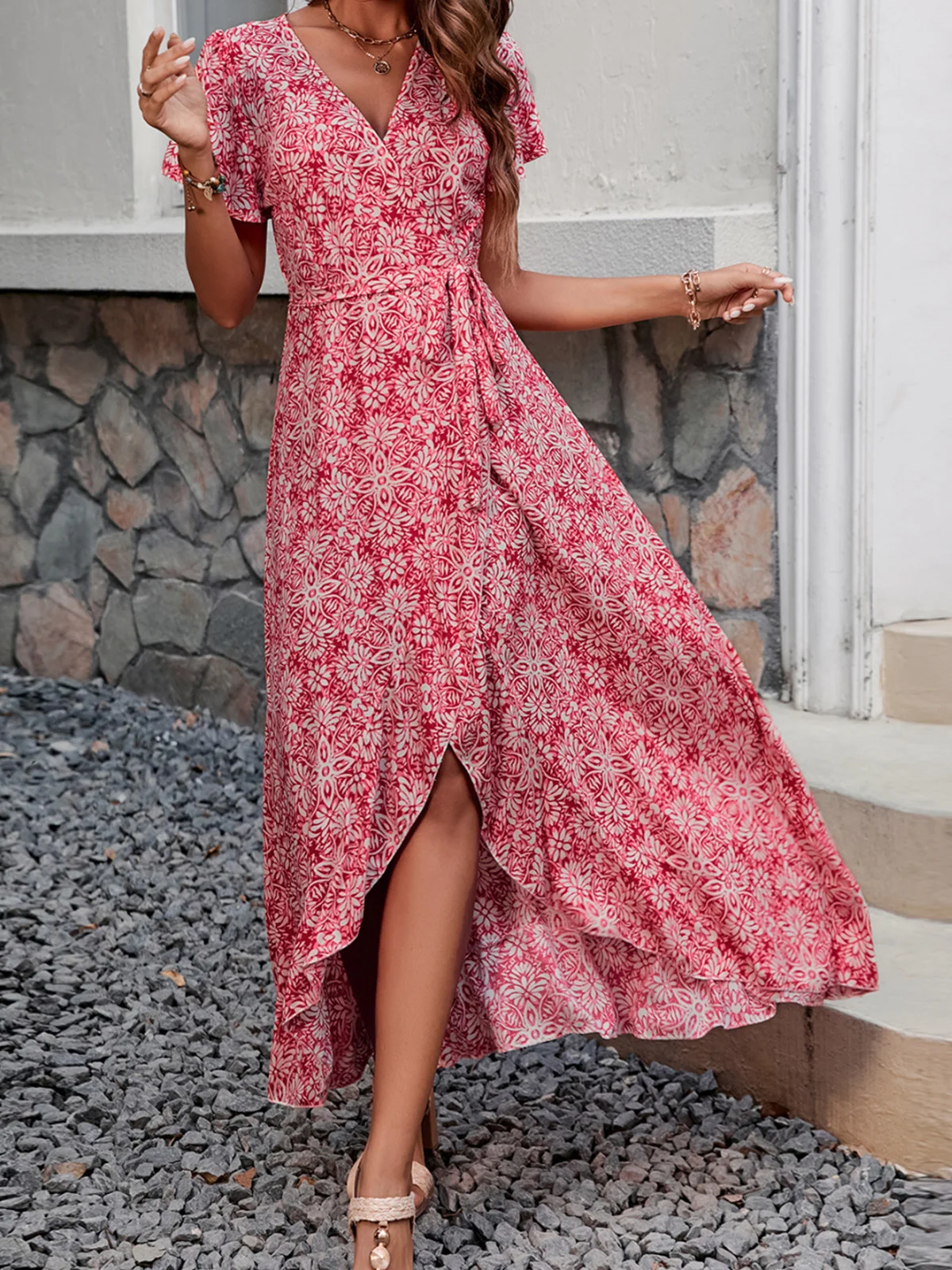 Women Floral Pattern V Neck Short Sleeve Comfy Casual Maxi Dress