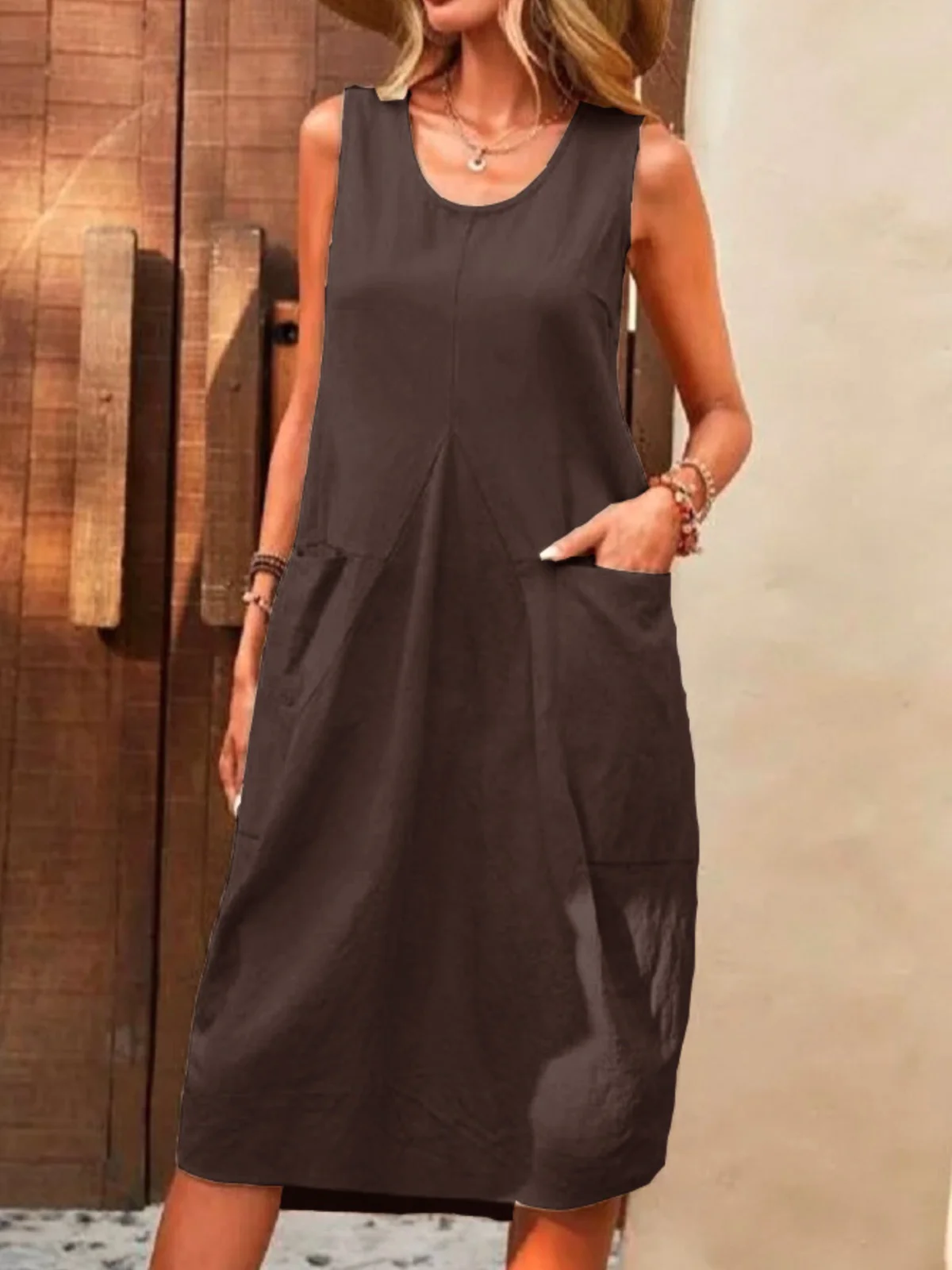 Women Plain Crew Neck Sleeveless Comfy Casual Midi Dress