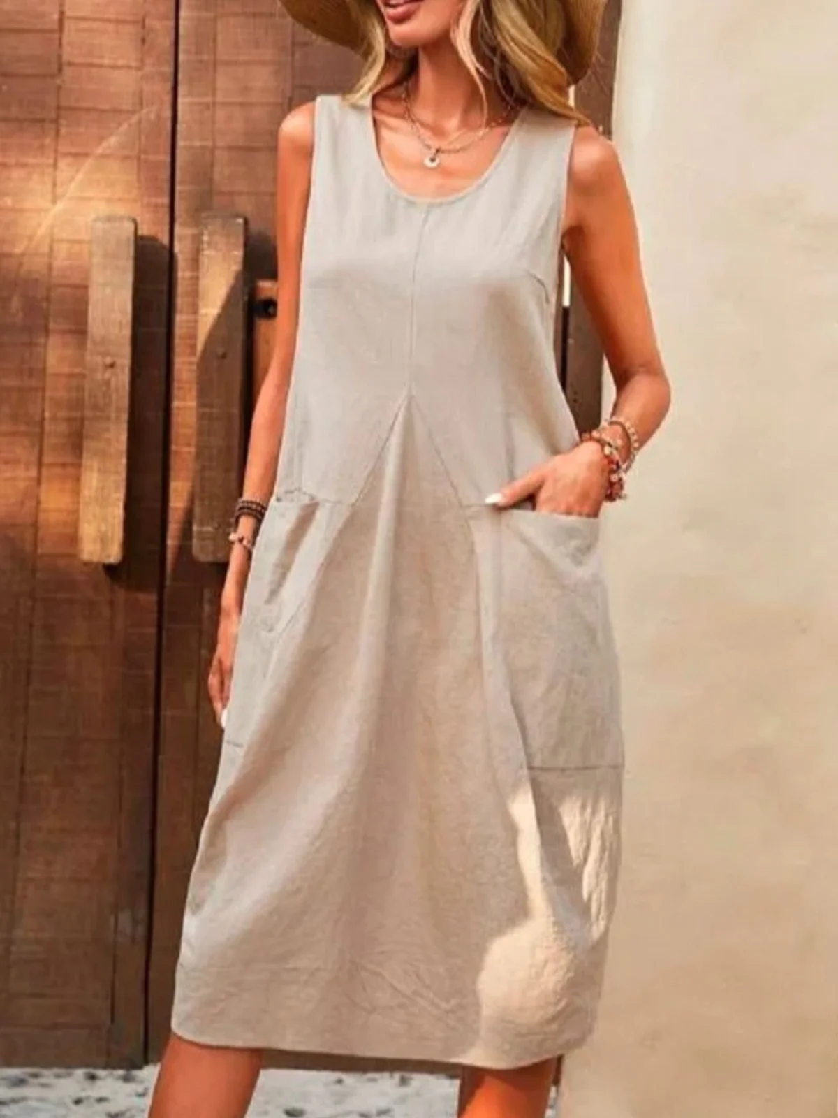 Women Plain Crew Neck Sleeveless Comfy Casual Midi Dress