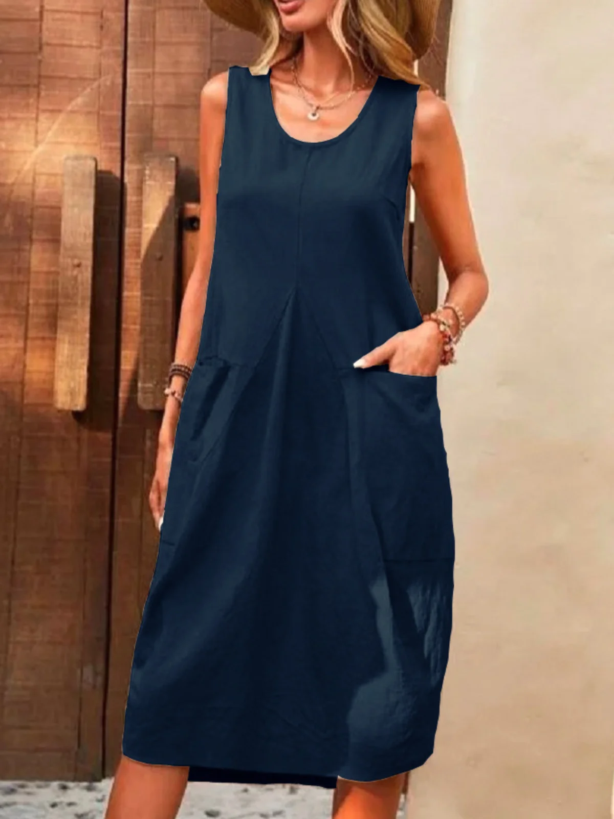 Women Plain Crew Neck Sleeveless Comfy Casual Midi Dress