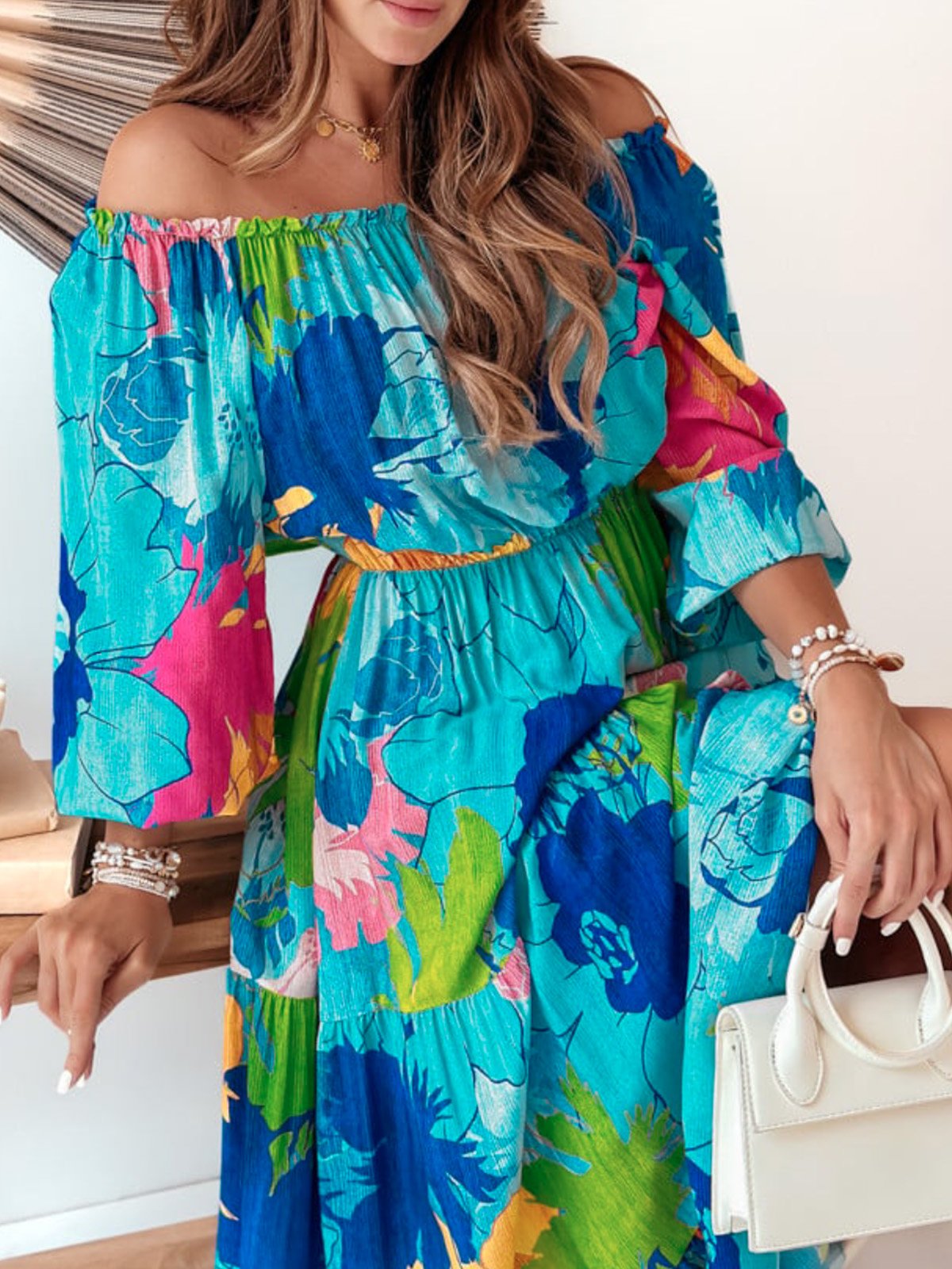 Women Floral Boat Neck Long Sleeve Comfy Casual Maxi Dress