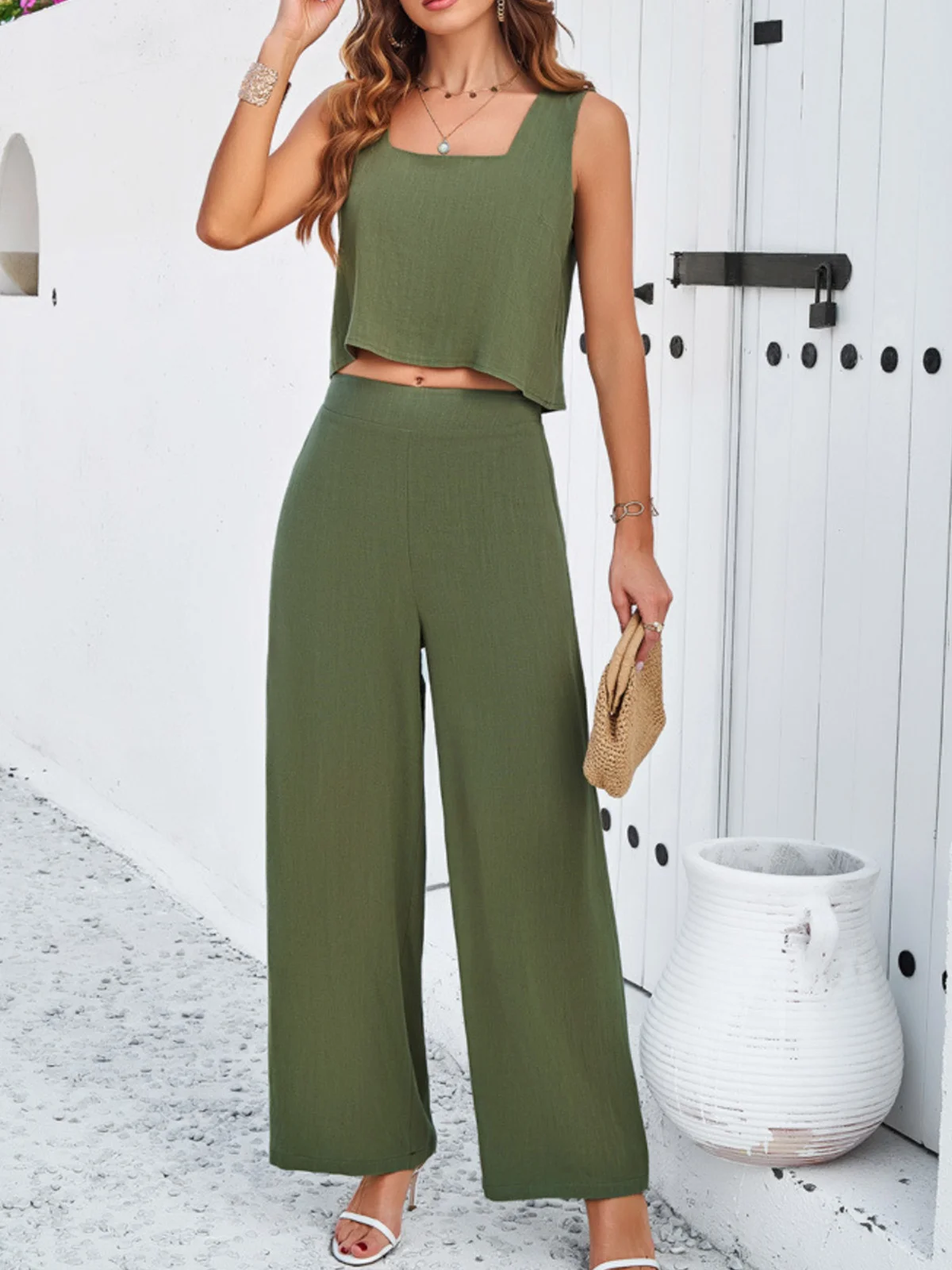 Women Plain Square Neck Sleeveless Comfy Casual Top With Skirt Two-Piece Set
