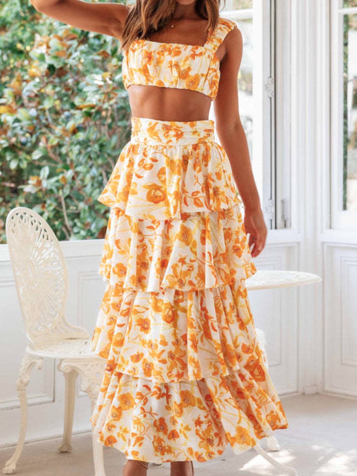 Women Floral Spaghetti Sleeveless Comfy Casual Top With Skirt Two-Piece Set