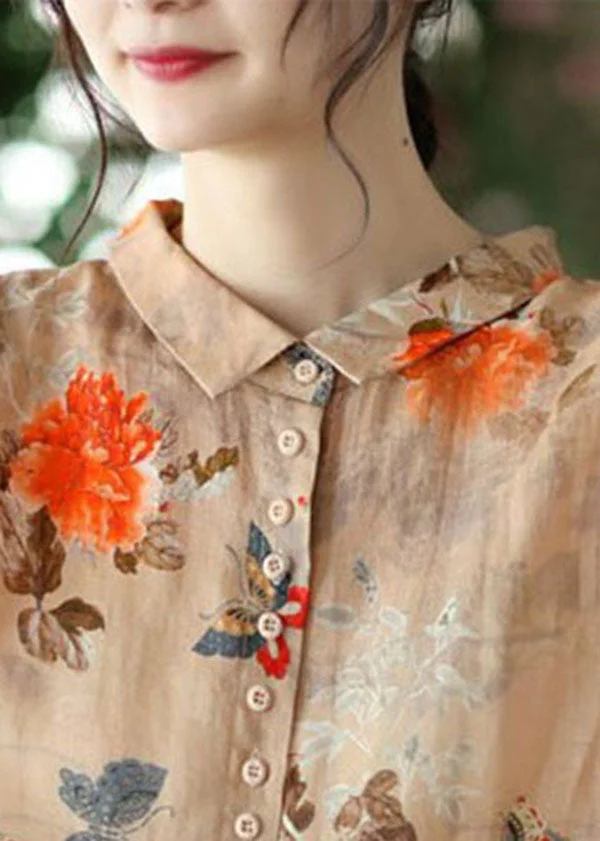 Shirt Collar Three Quarter Sleeve Abstract Regular Loose Blouse For Women
