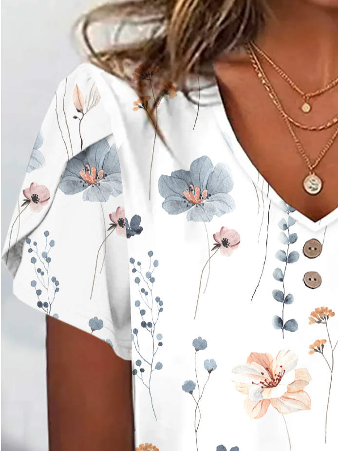 Casual Floral V Neck Short Sleeve T-shirt