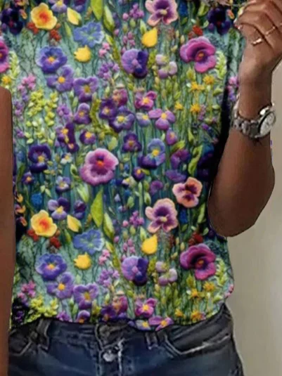 Casual Floral Crew Neck Short Sleeve T-shirt