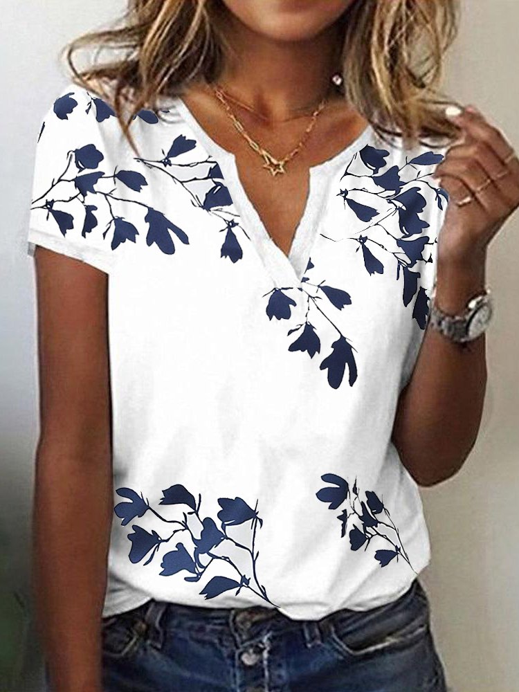 Casual Floral Notched Short Sleeve T-shirt