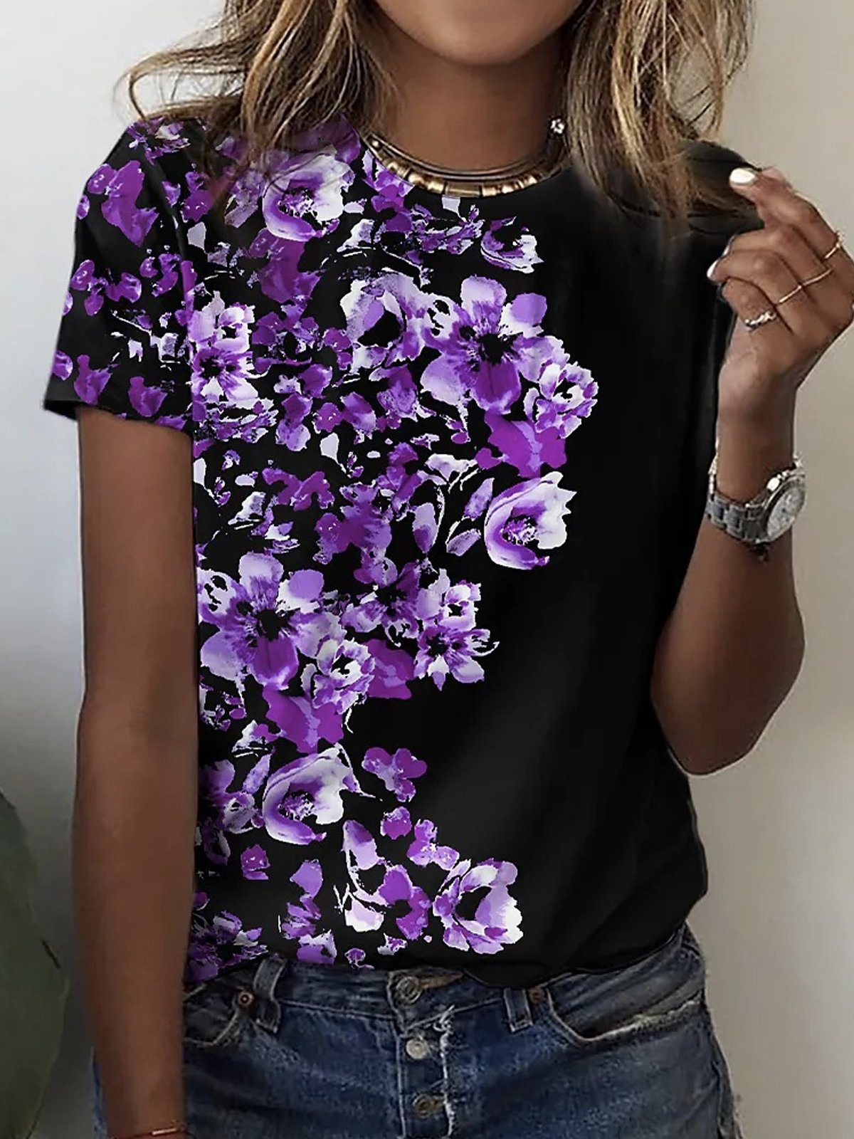 Casual Floral Crew Neck Short Sleeve T-shirt