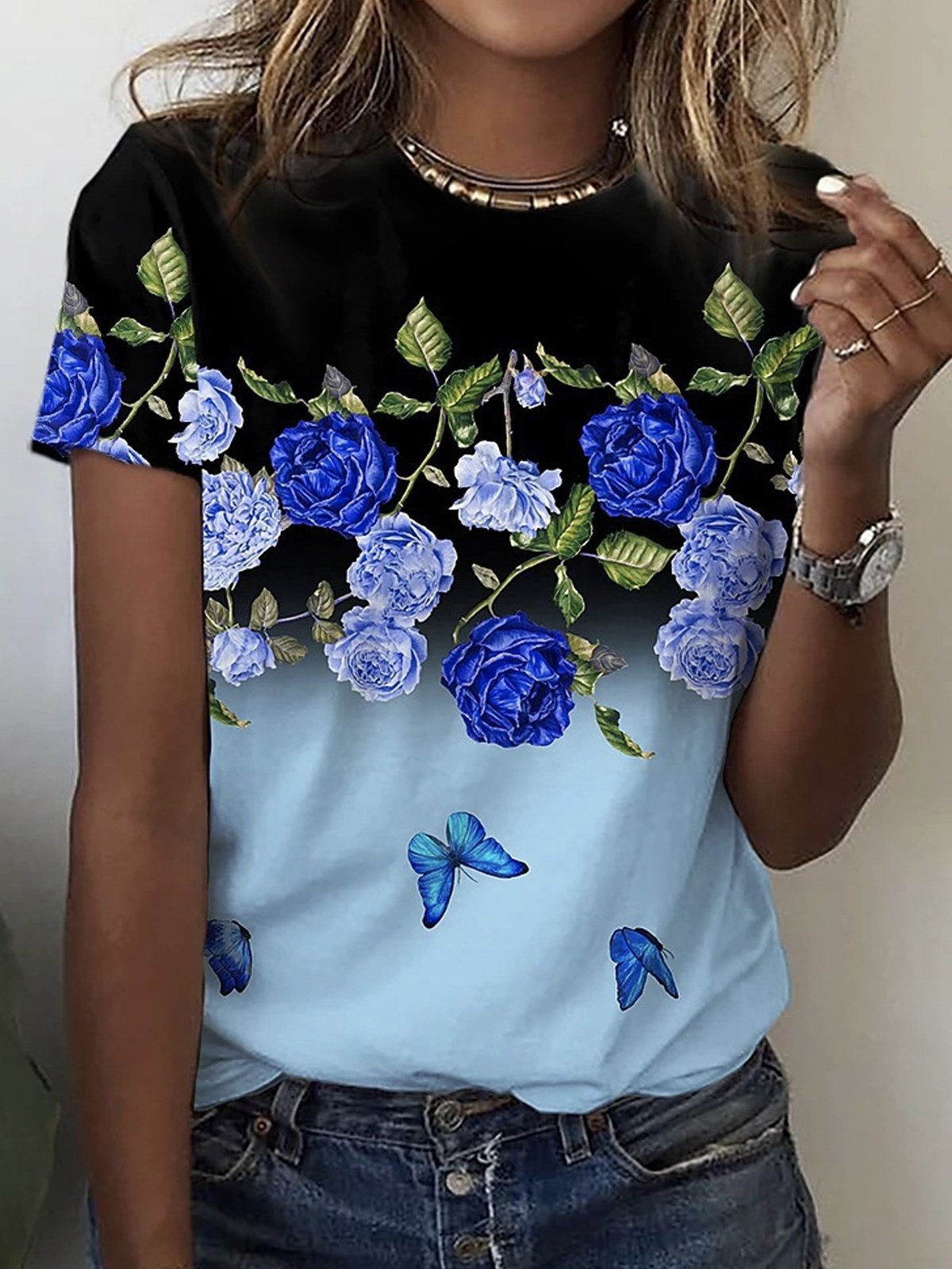 Casual Floral Crew Neck Short Sleeve T-shirt