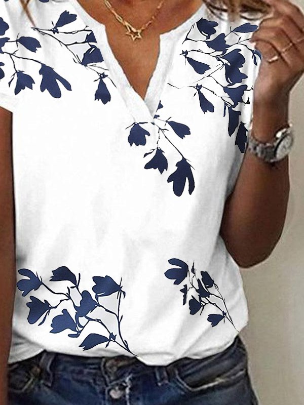 Casual Floral Notched Short Sleeve T-shirt