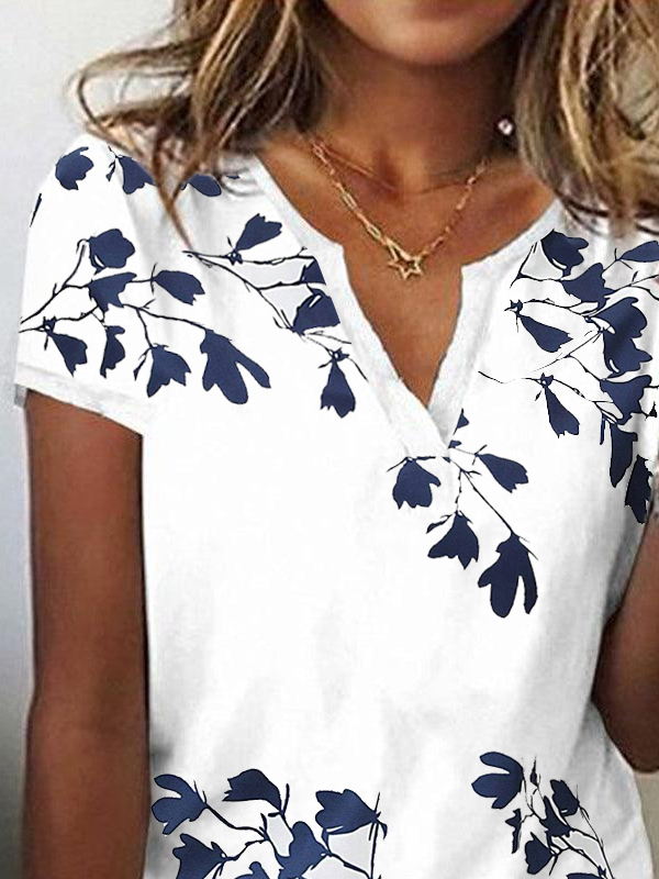 Casual Floral Notched Short Sleeve T-shirt