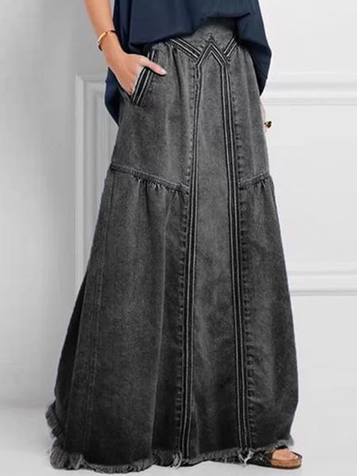 Casual Plain A-Line Natural Maxi Skirt