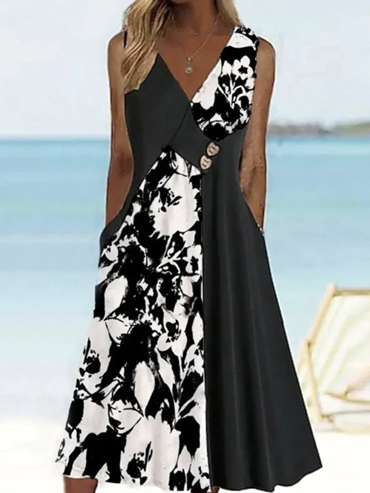 Women Floral V Neck Sleeveless Comfy Casual Midi Dress