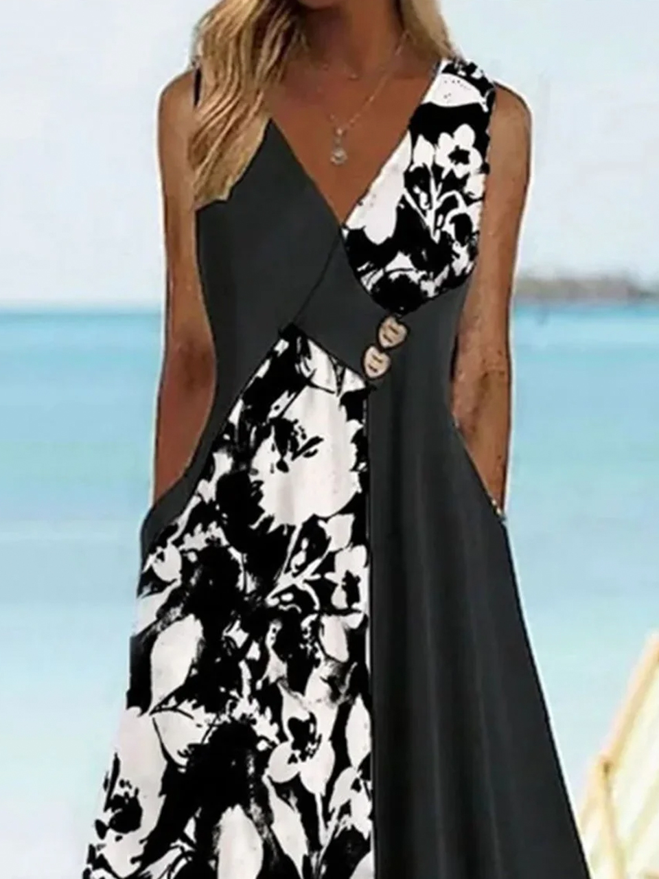 Women Floral V Neck Sleeveless Comfy Casual Midi Dress