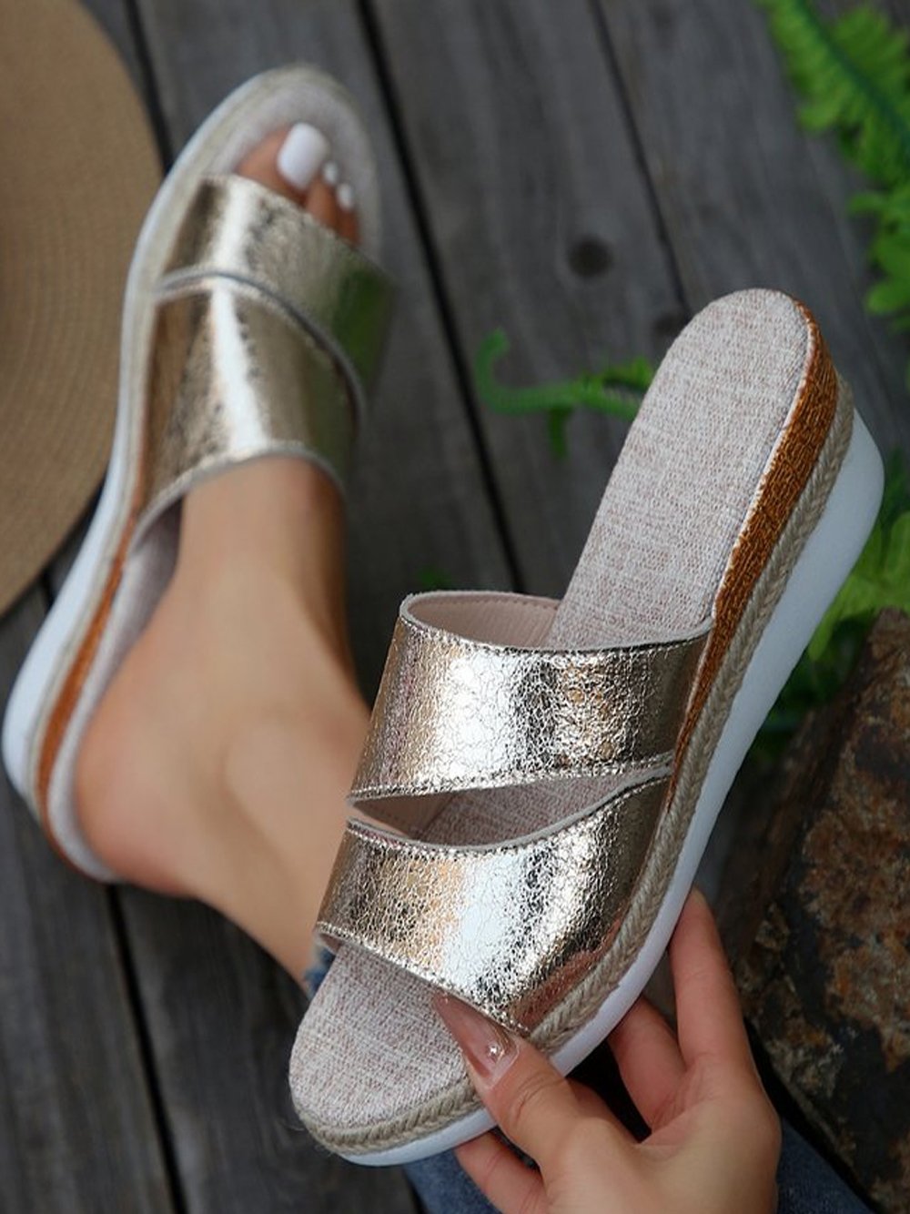 Casual Plain Slip On Block Heel Wedge Sandals
