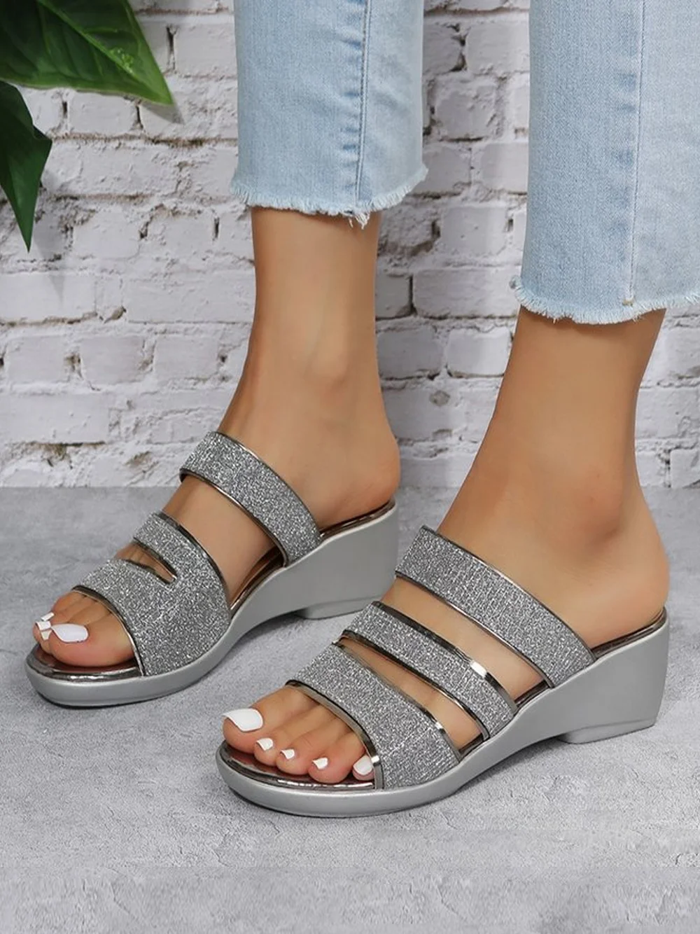 Casual Plain Slip On Block Heel Wedge Sandals