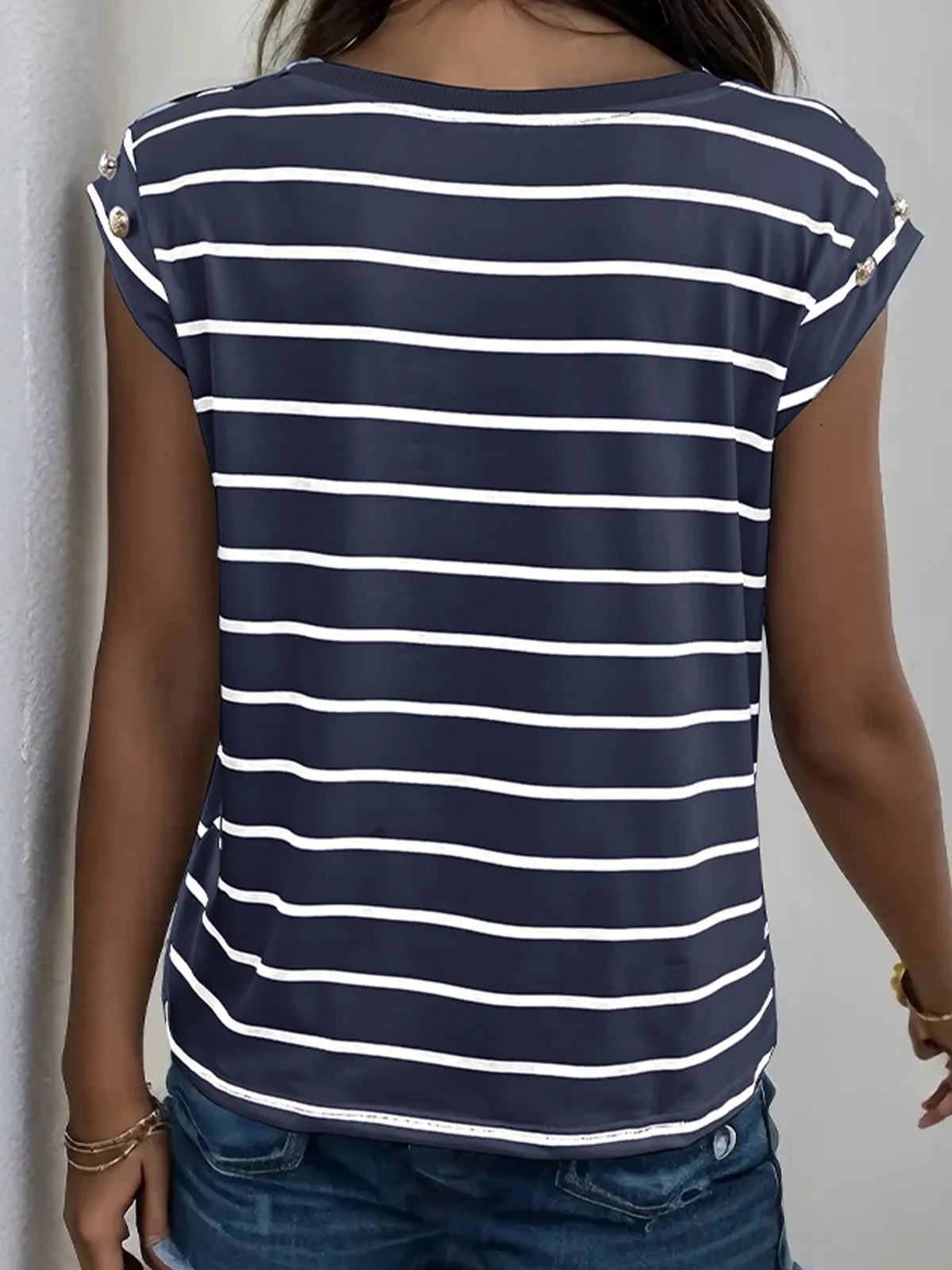 Crew Neck Short Sleeve Striped Regular Loose Shirt For Women