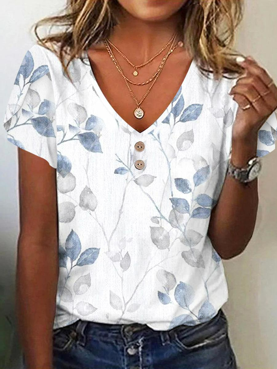 Casual Leaf V Neck Short Sleeve T-shirt