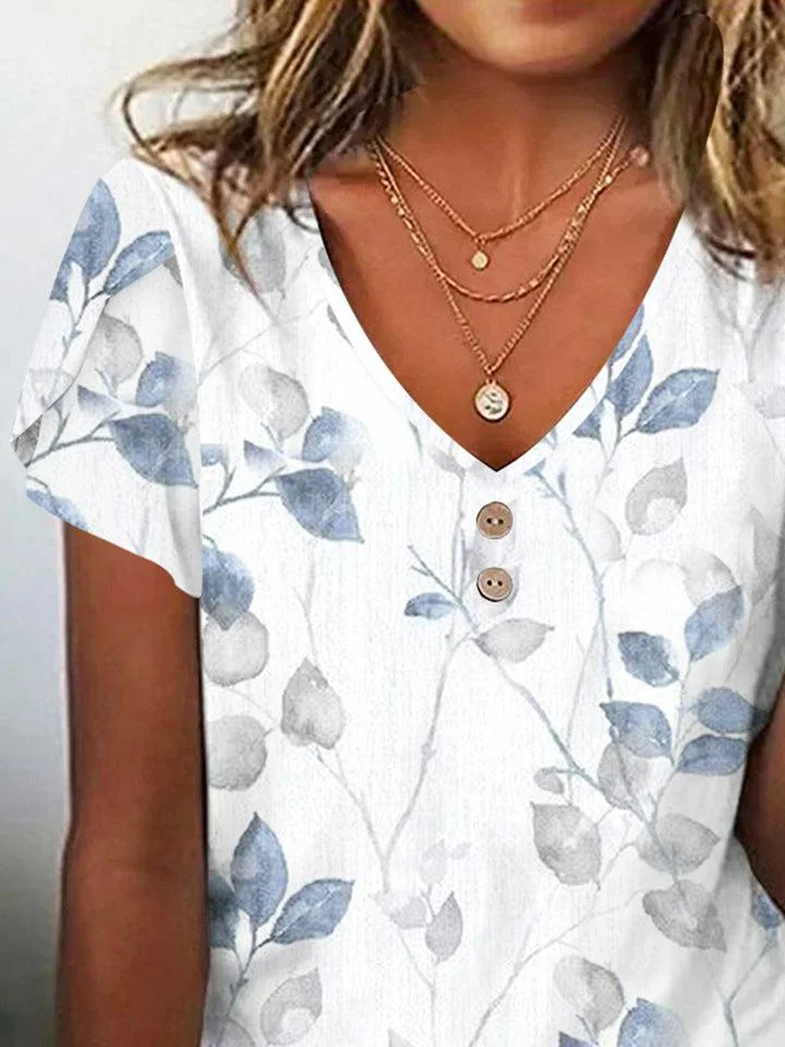 Casual Leaf V Neck Short Sleeve T-shirt