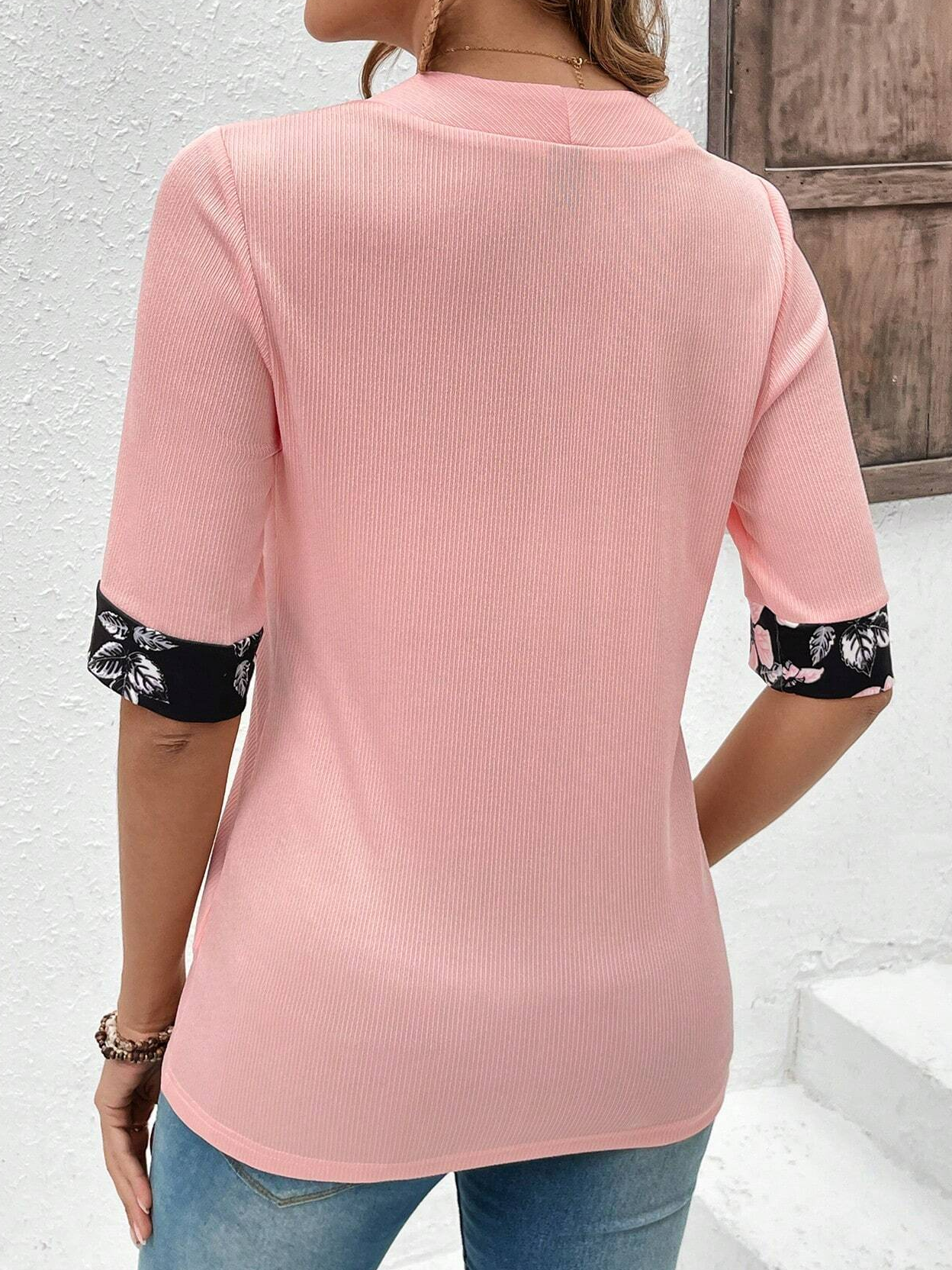 Square Neck Short Sleeve Floral Regular Micro-Elasticity Loose Mock Two-Piece Blouse For Women