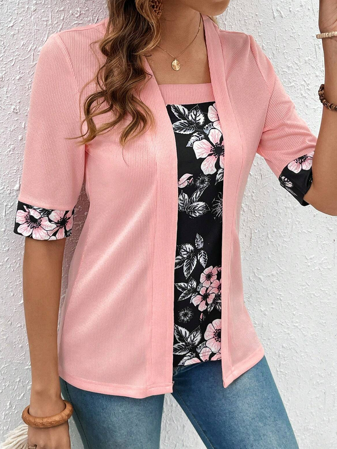 Square Neck Short Sleeve Floral Regular Micro-Elasticity Loose Mock Two-Piece Blouse For Women