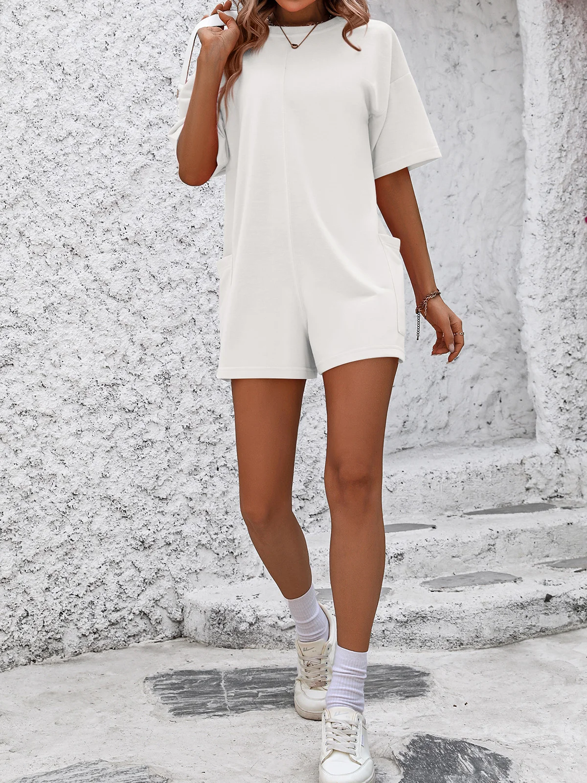 Women Short Sleeve Crew Neck Regular Fit Shorts Pocket Stitching Daily Casual Plain Natural Jumpsuit