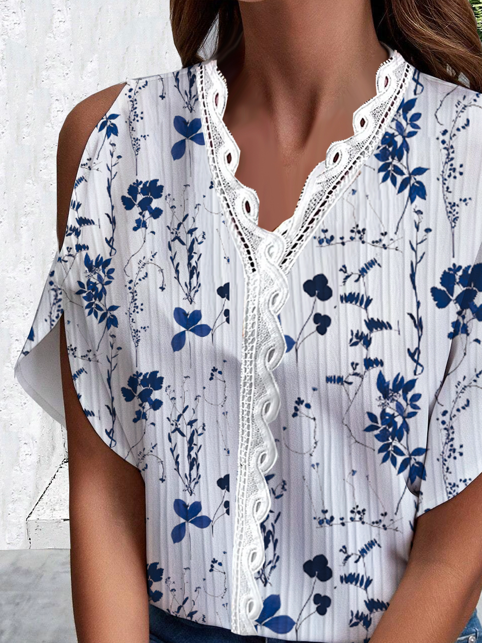 V Neck Short Sleeve Floral Lace Regular Micro-Elasticity Loose Shirt For Women