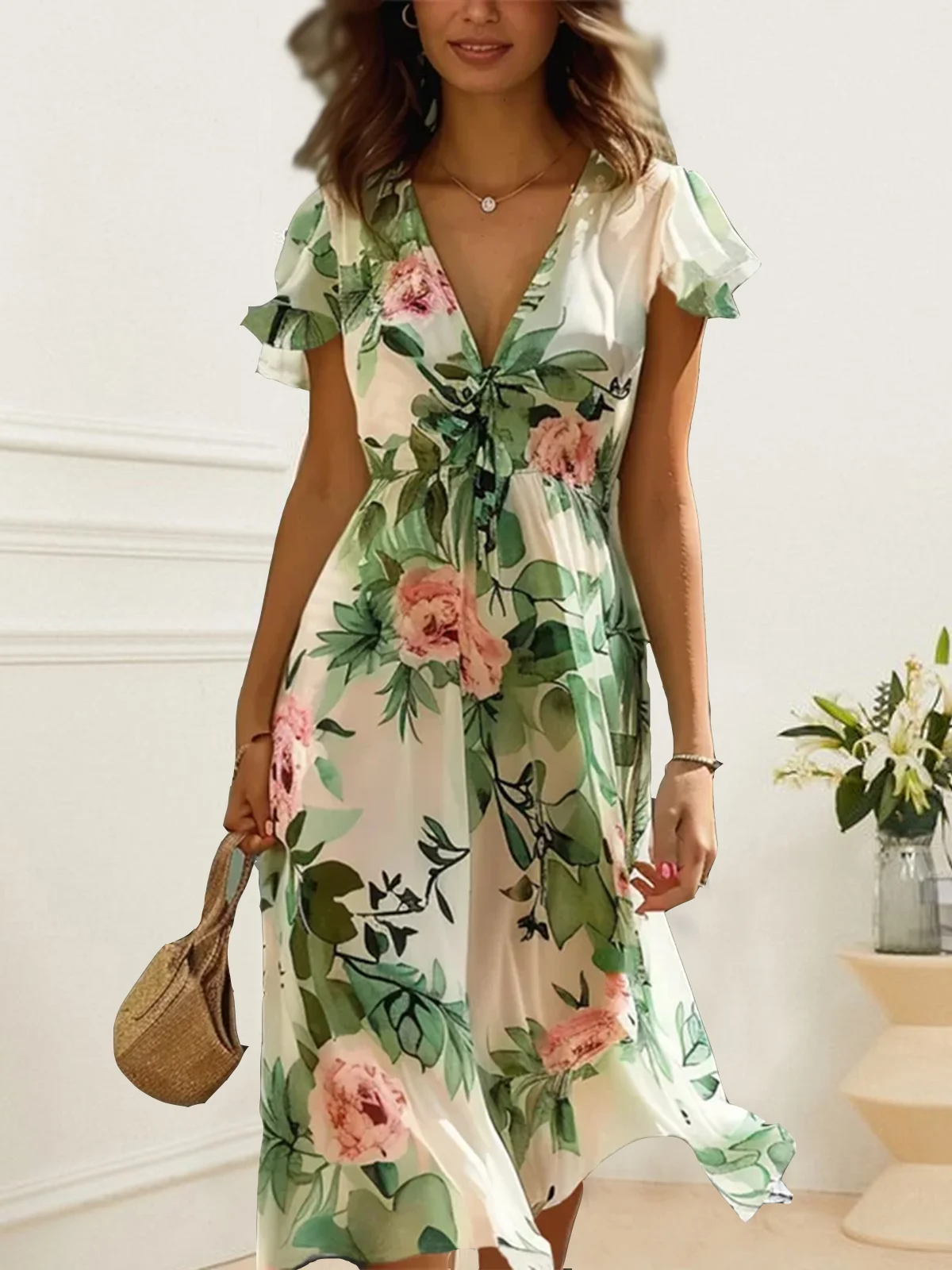 Women Floral V Neck Short Sleeve Comfy Elegant Lace-up Midi Dress