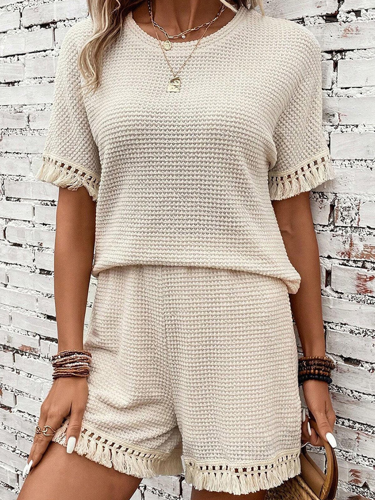 Women Plain Crew Neck Short Sleeve Comfy Casual Top With Pants Two-Piece Set