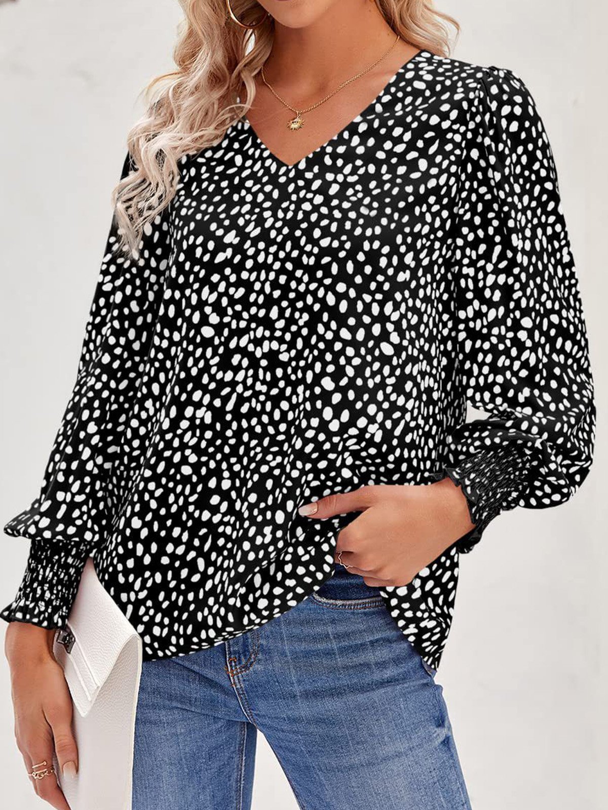 V Neck Long Sleeve Polka Dots Lightweight Loose Shirt For Women