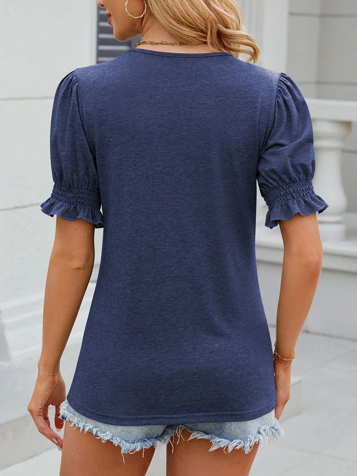 V Neck Short Sleeve Plain Regular Loose Shirt For Women