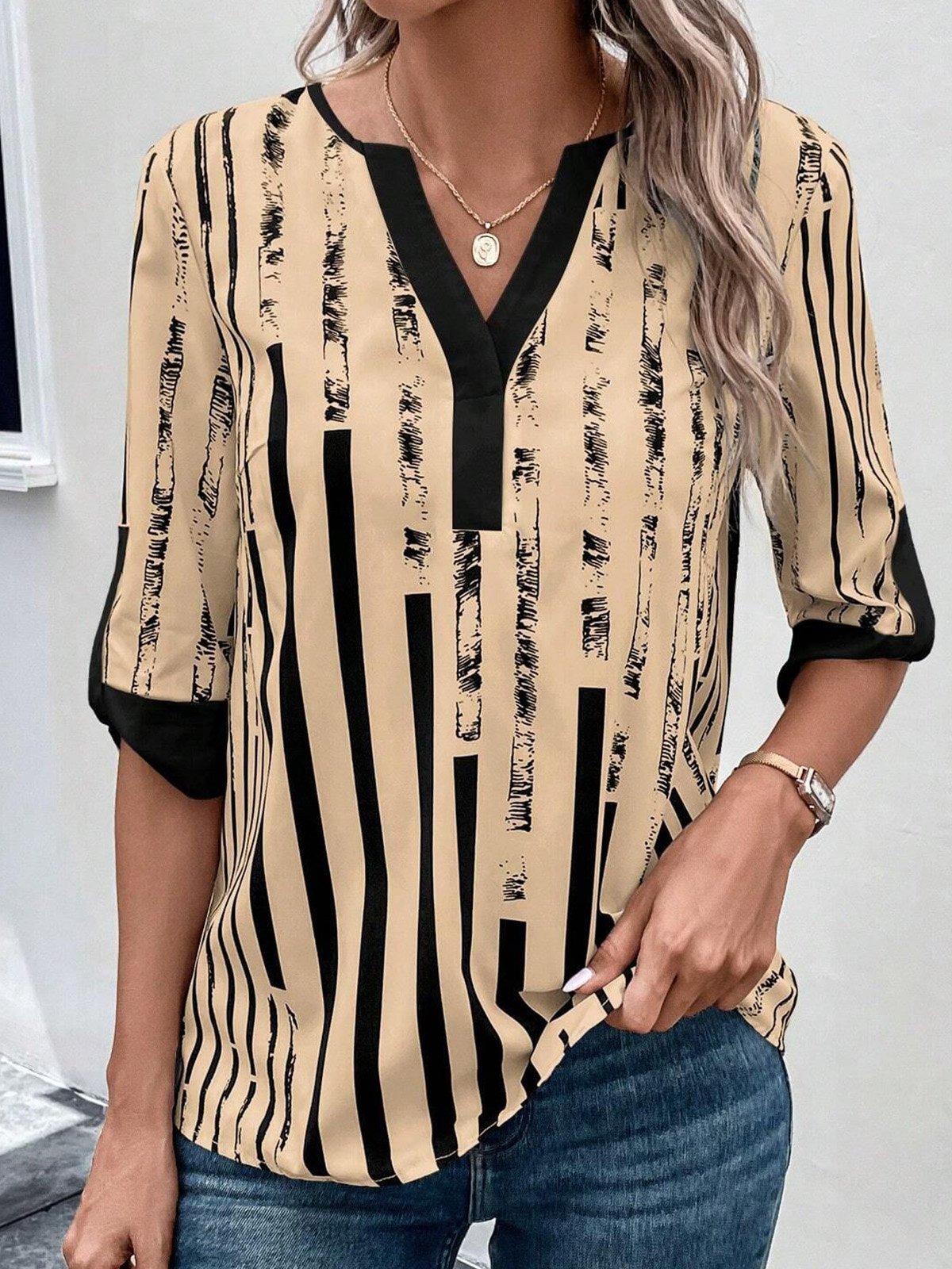 V Neck Half Sleeve Abstract Stripes Regular Loose Shirt For Women