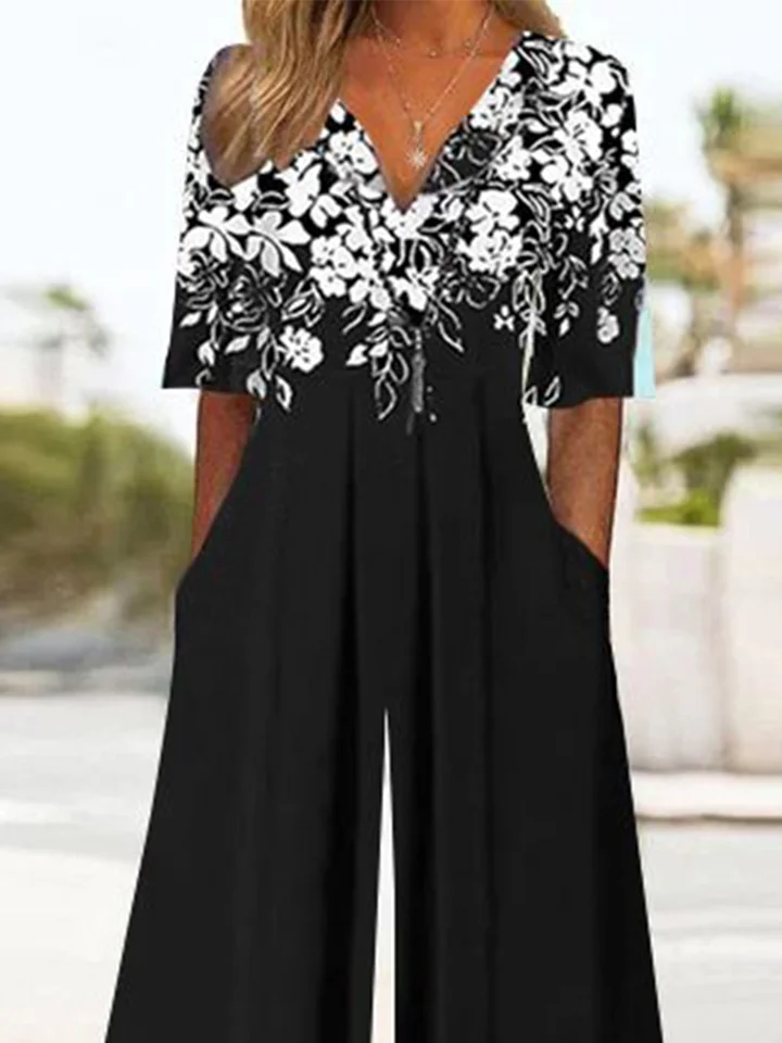 Women Short Sleeve V Neck Loose Ankle Pants Pocket Stitching Daily Casual Floral Natural T-Shirt Jumpsuit