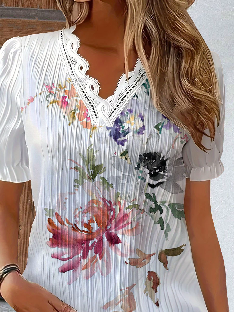 V Neck Short Sleeve Floral Lace Regular Micro-Elasticity Loose Shirt For Women