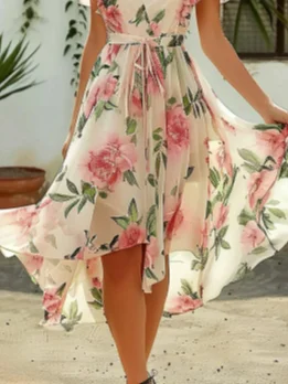 Women Floral V Neck Short Sleeve Comfy Vacation Midi Dress