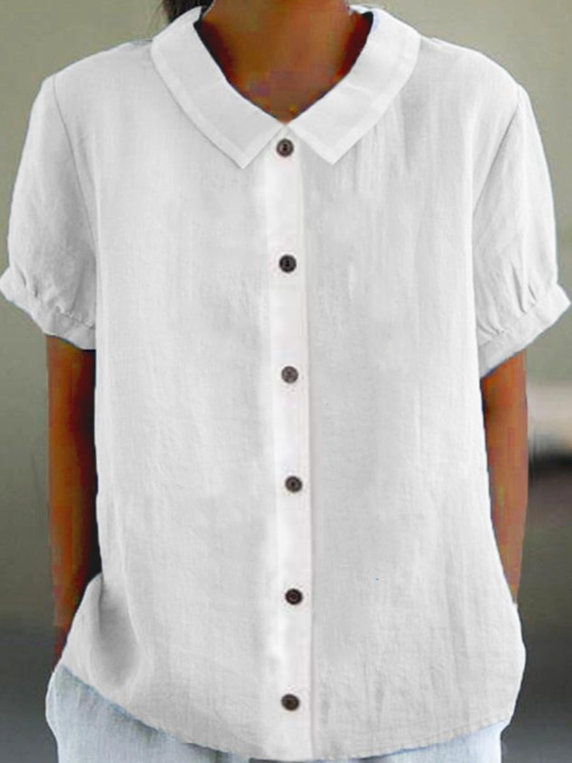 Shawl Collar Short Sleeve Plain Regular Loose Shirt For Women