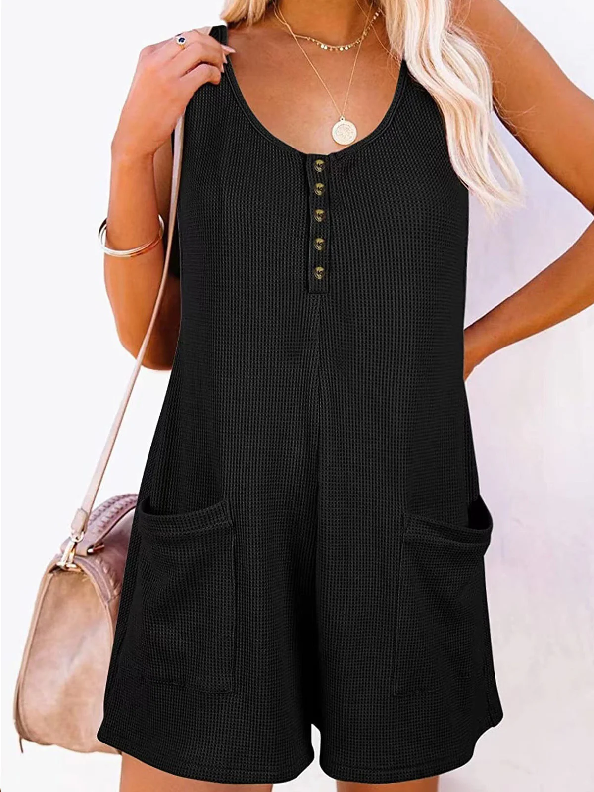 Women Sleeveless Crew Neck Regular Fit Shorts Pocket Stitching Daily Casual Plain Natural Jumpsuit