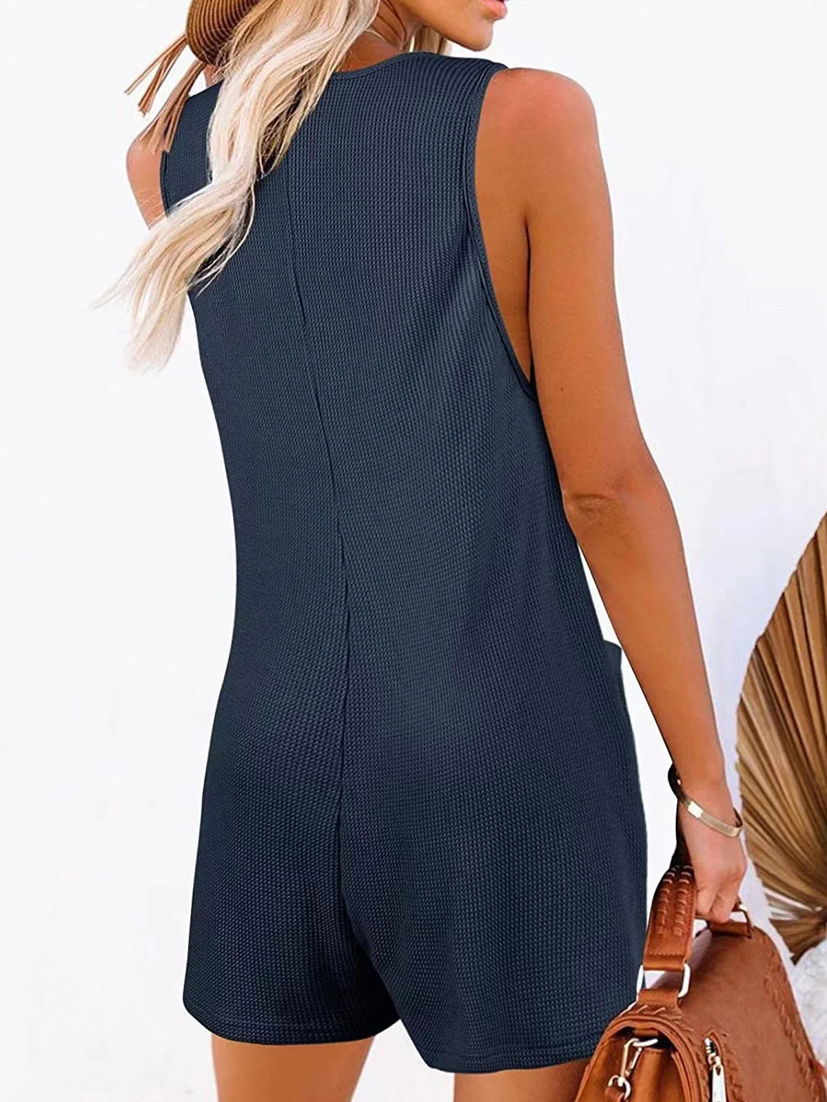 Women Sleeveless Crew Neck Regular Fit Shorts Pocket Stitching Daily Casual Plain Natural Jumpsuit