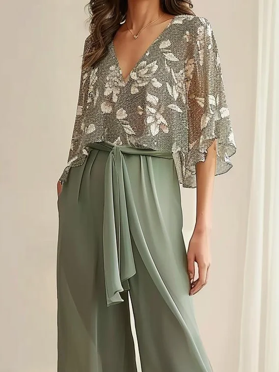 Women Floral V Neck Sleeveless Comfy Casual Lace-up Top With Pants Two-Piece Set