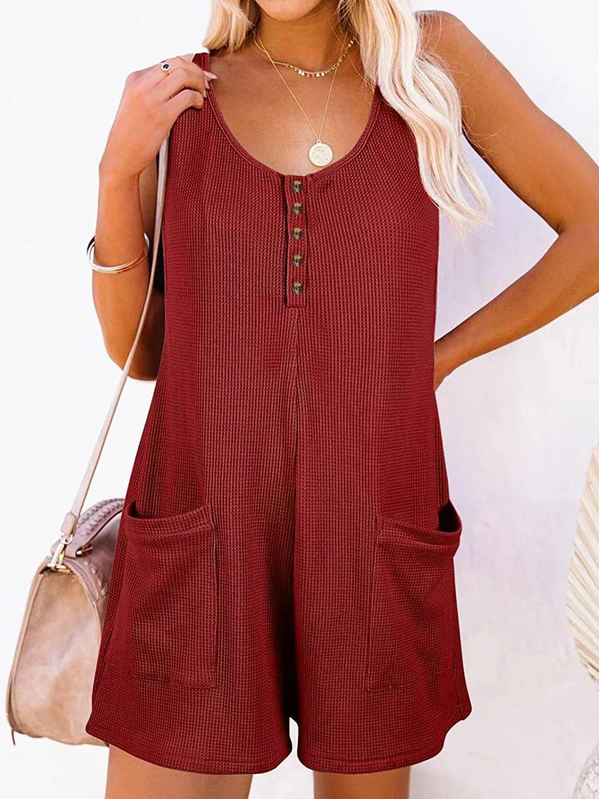 Women Sleeveless Crew Neck Regular Fit Shorts Pocket Stitching Daily Casual Plain Natural Jumpsuit